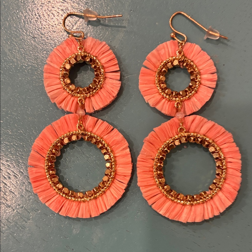 Chic Coral and Gold Double Beaded Circle Hoop Earrings